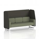 The image shows a sleek and modern open booth with white legs, featuring a 3 seater sofa in flax fabric. The booth is adorned with temple panels and a monument sofa, giving it a dynamic and customizable look. Perfect for creating a versatile and inviting seating option.