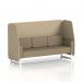 This photo features a sleek and modern 3-seater open booth from Dynamic Booths. The booth has stylish white legs and is upholstered in a chic Main Line Flax fabric. The Upminster Panels and Bank Sofa add an extra touch of sophistication to the design. Experience both comfort and style with this made-to-order booth.