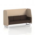 This picture shows a sleek and modern booth with a customizable design. The three-seater open booth features white legs and is upholstered with Synergy fabric. The booth also includes affixed panels for added privacy and a wedged sofa for added comfort.