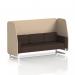 This picture shows a sleek and modern booth with a customizable design. The three-seater open booth features white legs and is upholstered with Synergy fabric. The booth also includes affixed panels for added privacy and a wedged sofa for added comfort.