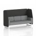 This photo showcases a sleek, modern 3-seater open booth from Dynamic Booths. The white legs and synergy fabric add a touch of sophistication, while the mix panels and partner sofa create a dynamic seating arrangement.