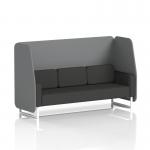 The picture features a dynamic booth with a 3-seater open design, made to order with white legs and covered in synergy fabric. It includes partner panels and also features a mix sofa.