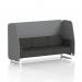 The picture features a dynamic booth with a 3-seater open design, made to order with white legs and covered in synergy fabric. It includes partner panels and also features a mix sofa.