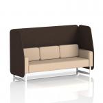 The image shows a modern open booth with white legs, upholstered in synergy fabric. It features wed panels for added privacy and an affix sofa for comfortable seating. The booth is custom-made and can fit up to 3 people.