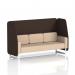 The image shows a modern open booth with white legs, upholstered in synergy fabric. It features wed panels for added privacy and an affix sofa for comfortable seating. The booth is custom-made and can fit up to 3 people.