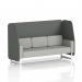 In the photo, a sleek and modern 3-seater open booth is showcased. It features white legs and is upholstered in Sumi fabric, with Kobe panels and a matching Tokyo sofa. The design is customizable and made to order, perfect for any contemporary setting.