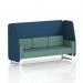 This photo captures a sleek and modern booth with a 3 seater open design, featuring white legs and sumi fabric. The Uto panels and Handa Sofa add a unique touch to this dynamic piece.