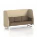 The photograph features a spacious and customizable Dynamic Booth, designed and crafted in Brixworth, with elegant white legs and sumi fabric. The Zen panels and Osaka Sofa add a touch of sophistication to this 3-seater open booth.