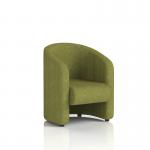 In this photograph, the dynamic Sofas Lamport Armchair with black feet is showcased in a rich olive green Rivet fabric. The sleek design and curved armrests add a touch of modern elegance to any room.