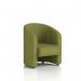 In this photograph, the dynamic Sofas Lamport Armchair with black feet is showcased in a rich olive green Rivet fabric. The sleek design and curved armrests add a touch of modern elegance to any room.