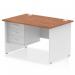 This photograph features a sleek and modern Dynamic Pedestal Desk with a 1200 x 800mm walnut top and white panel end leg. It comes with a 3 drawer fixed pedestal for storage and a smooth straight design. The combination of wood and white creates a sophisticated look.