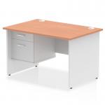 This modern office desk has a beech top and white panel end leg. It features a fixed pedestal with 2 drawers for storage. The dimensions are 1200 x 800mm, making it a functional and stylish addition to any workspace.