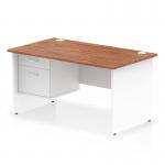 This 1400 x 800mm straight office desk features a walnut top and white panel end leg. It comes with a 2 drawer fixed pedestal and has a dynamic and modern design. The desk has a sturdy and sleek appearance, perfect for any office setting.