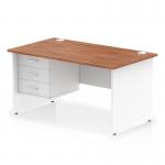 The Dynamic Pedestal Desk Impulse has a sleek walnut top contrasted with a modern white panel end leg. It also features a spacious 1400 x 800mm straight design and includes a 3 drawer fixed pedestal for added storage.