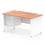 The photo shows a sleek and modern Dynamic Pedestal Desk Impulse, measuring 1400 x 800mm, with a straight office desk top in beech. The desk features a white panel end leg and comes with a 2 drawer fixed pedestal.