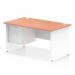 The photo shows a sleek and modern Dynamic Pedestal Desk Impulse, measuring 1400 x 800mm, with a straight office desk top in beech. The desk features a white panel end leg and comes with a 2 drawer fixed pedestal.