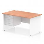 This photograph features a dynamic pedestal desk with a beech top and white panel end leg. The desk measures 1400 x 800mm and includes a fixed pedestal with 3 drawers. The overall design is sleek and modern, perfect for any office space.
