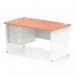 This photograph features a dynamic pedestal desk with a beech top and white panel end leg. The desk measures 1400 x 800mm and includes a fixed pedestal with 3 drawers. The overall design is sleek and modern, perfect for any office space.