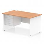 This image showcases a sleek and modern Dynamic Pedestal Desk Impulse 1400 x 800mm Straight Office Desk. Its oak top and white panel end leg create a professional and stylish look. It also features a 3 drawer fixed pedestal for convenient storage.