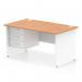 This image showcases a sleek and modern Dynamic Pedestal Desk Impulse 1400 x 800mm Straight Office Desk. Its oak top and white panel end leg create a professional and stylish look. It also features a 3 drawer fixed pedestal for convenient storage.