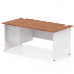 This photo depicts a sleek and modern Dynamic Pedestal Desk Impulse, measuring 1600 x 800mm. It features a walnut top with a white panel end leg for a clean and contemporary look. The desk also includes a 2 drawer fixed pedestal for added storage and organization.