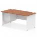 This photo depicts a sleek and modern Dynamic Pedestal Desk Impulse, measuring 1600 x 800mm. It features a walnut top with a white panel end leg for a clean and contemporary look. The desk also includes a 2 drawer fixed pedestal for added storage and organization.