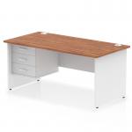 The photograph showcases a modern and sleek office desk with a walnut top and white panel end leg. The desk measures 1600 x 800mm and features a 3 drawer fixed pedestal. The design is both functional and stylish, perfect for any office space.