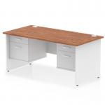 This picture shows a sleek and modern Dynamic Pedestal Desk Impulse, with a 1600 x 800mm straight office desk featuring a walnut top and white panel end leg. The desk also comes with 2 x 2 drawer fixed pedestals for added storage space. The overall look is clean and professional, perfect for any office setting.