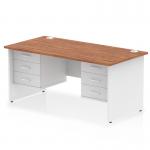The Dynamic Pedestal Desk Impulse features a sleek 1600 x 800mm straight desk with a walnut top and white panel end leg. It also comes with 2 x 3 drawer fixed pedestals for ample storage. The overall look is modern, professional, and efficient.