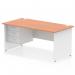 This picture shows a dynamic pedestal desk, measuring 1600 x 800mm and featuring a straight office desk in beech top. The white panel end leg adds a modern touch, and there is a 3 drawer fixed pedestal included for storage.