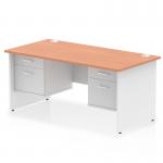 The dynamic pedestal desk has a sleek beech top with a clean white panel end leg. Attached are two 2-drawer fixed pedestals, offering ample storage space. Measuring at 1600 x 800mm, this straight office desk is both practical and stylish.