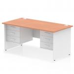 The photo shows a sleek and modern Dynamic Pedestal Desk Impulse, measuring 1600 x 800mm. The desk features a clean, beech wood top and crisp white panel end leg. It also includes two fixed pedestals, each with 3 spacious drawers for ample storage.