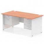 The photograph shows a dynamic pedestal desk measuring 1600 x 800mm. The desk has a beech top and white panel end legs. There is a 2 drawer and 3 drawer fixed pedestal attached to the desk. The overall look is modern and sleek, perfect for any office space.