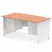 The photograph shows a dynamic pedestal desk measuring 1600 x 800mm. The desk has a beech top and white panel end legs. There is a 2 drawer and 3 drawer fixed pedestal attached to the desk. The overall look is modern and sleek, perfect for any office space.