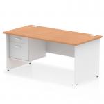 The desk features a sleek and modern oak top with a white panel end leg. It also includes a 2 drawer fixed pedestal for storage. The size is 1600 x 800mm and it is a straight office desk. The design is dynamic and contemporary, perfect for any office space.