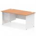 The desk features a sleek and modern oak top with a white panel end leg. It also includes a 2 drawer fixed pedestal for storage. The size is 1600 x 800mm and it is a straight office desk. The design is dynamic and contemporary, perfect for any office space.