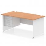 The Dynamic Pedestal Desk Impulse features a sleek 1600 x 800mm straight oak top with a white panel end leg. It also includes a 3-drawer fixed pedestal for storage. The overall design is modern and stylish, perfect for any office space.