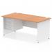 The Dynamic Pedestal Desk Impulse features a sleek 1600 x 800mm straight oak top with a white panel end leg. It also includes a 3-drawer fixed pedestal for storage. The overall design is modern and stylish, perfect for any office space.
