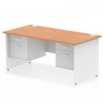 This photo showcases a sleek and modern Dynamic Pedestal Desk. The desk features a 1600 x 800mm straight oak top with a white panel end leg. On either side, there are 2 x 2 drawer fixed pedestals for added storage and organization. The desk has a clean and professional look, perfect for any office setting.