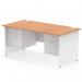 This photo showcases a sleek and modern Dynamic Pedestal Desk. The desk features a 1600 x 800mm straight oak top with a white panel end leg. On either side, there are 2 x 2 drawer fixed pedestals for added storage and organization. The desk has a clean and professional look, perfect for any office setting.