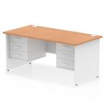 The photo shows a sleek, modern Dynamic Pedestal Desk Impulse 1600 x 800mm in an oak and white finish. The straight desk features a panel end leg and comes with 2 fixed pedestals, each with 3 drawers. Perfect for any office space.