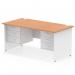 The photo shows a sleek, modern Dynamic Pedestal Desk Impulse 1600 x 800mm in an oak and white finish. The straight desk features a panel end leg and comes with 2 fixed pedestals, each with 3 drawers. Perfect for any office space.