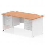 The Dynamic Pedestal Desk Impulse is a modern and functional office desk. It features a sleek 1600 x 800mm oak top with white panel end leg that effortlessly blends into any workspace. This desk also comes with 1 x 2 drawer and 1 x 3 drawer fixed pedestal, providing ample storage space for all your office essentials.