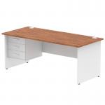 This photo features a dynamic pedestal desk with a walnut top and white panel end leg, accompanied by a 3-drawer fixed pedestal. Measuring 1800 x 800mm, this straight office desk offers a modern and functional workspace. The sleek design and sturdy construction make it a versatile addition to any office setting.