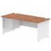 This photo features a dynamic pedestal desk with a walnut top and white panel end leg, accompanied by a 3-drawer fixed pedestal. Measuring 1800 x 800mm, this straight office desk offers a modern and functional workspace. The sleek design and sturdy construction make it a versatile addition to any office setting.