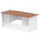 This photograph features a dynamic pedestal desk with an impulse design. The desk measures 1800 x 800mm and has a straight shape, with a walnut top and white panel end leg. It also comes with 2 x 2 drawer fixed pedestal for extra storage.