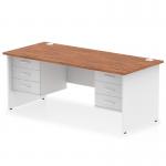 The picture shows a sleek dynamic pedestal desk. It has a walnut top and white panel end leg, giving it a modern look. The desk also features 2 x 3 drawer fixed pedestals for storage. The size is 1800 x 800mm, making it spacious for work.
