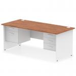 This desk features a sleek walnut top and white panel end leg. It has a dynamic and modern aura, with a fixed pedestal on one side containing a 2 and 3 drawer unit. The straight design provides ample space for working and organizing.