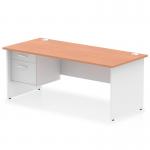 This photo shows a sleek and modern Impulse 1800 x 800mm straight office desk with a beech top and white panel end legs. A fixed pedestal with 2 drawers is attached to one side. The desk exudes a dynamic and professional atmosphere, perfect for any office.