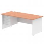 The photograph captures a sleek and modern dynamic pedestal desk with a beech top and white panel end leg. The 1800 x 800mm straight office desk is accompanied by a 3 drawer fixed pedestal, creating a functional and stylish workspace.